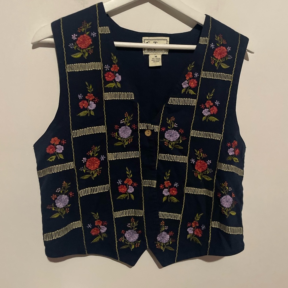 Vtg‎ 90s Country Primitive Womens Medium Tapestry Embroidered Flower Vest Jacket